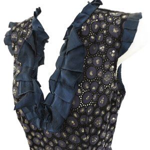 Y2K Bebe Navy Blue Top Satin Ruffles Sequins Lace Inset Side Zip Button Back S